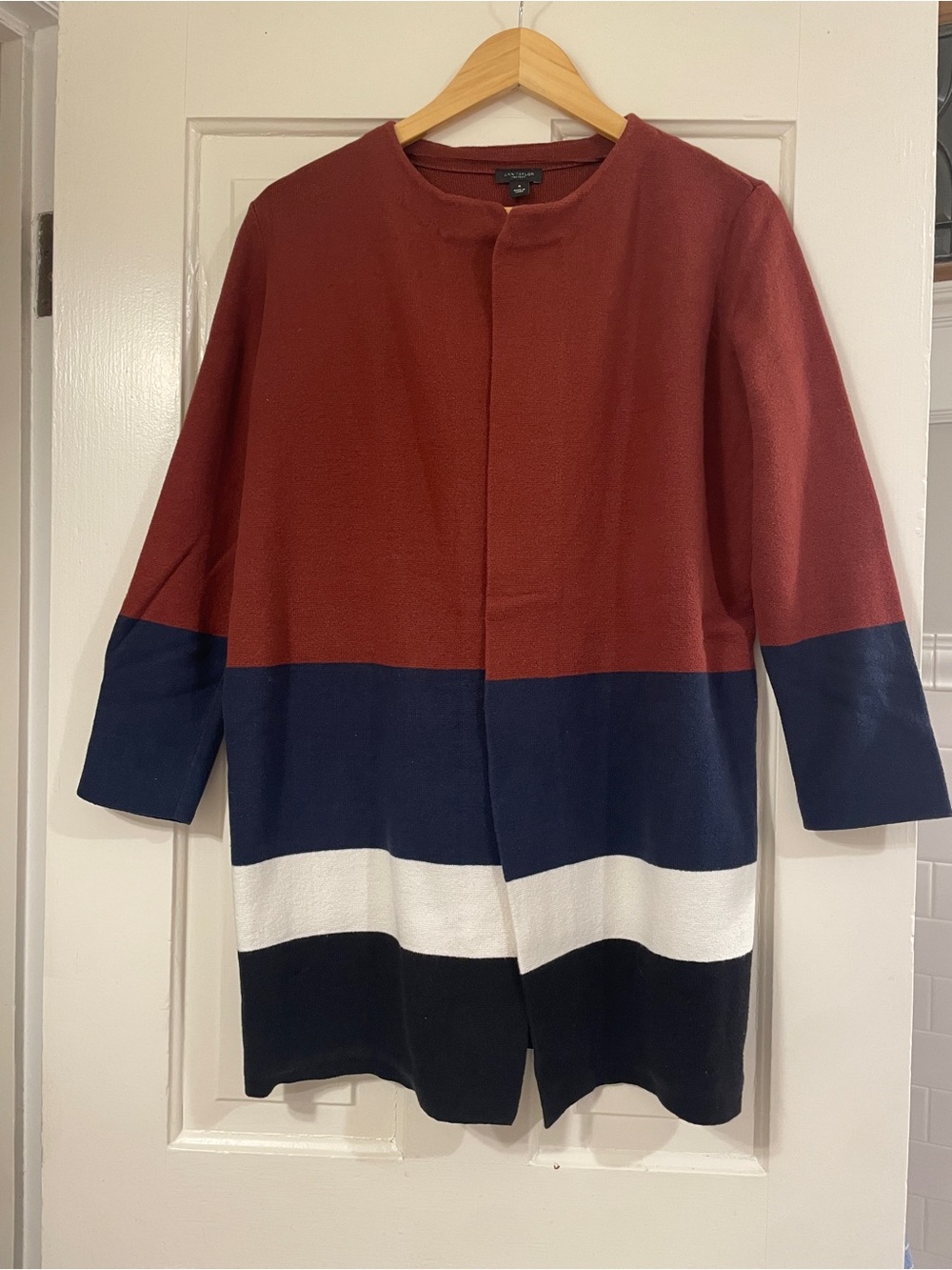 Ann Taylor Factory Colorblock Open Front Coatigan in Rust, Navy, White and Black